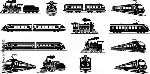 Vector illustrations of trains including steam locomotives, electric rail, and high-speed designs in multiple orientations and styles