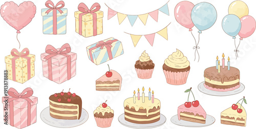 Birthday celebration elements with cakes presents balloons and decorations in pastel colors