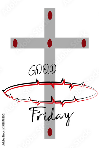 The designation Good Friday with a crown of thorns and the cross, as well as five drops of blood. Symbols for the Easter Passion.