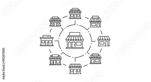 Multiple interconnected storefront icons are arranged in a circular network depicting a central business surrounded by its various retail locations, Generative AI.