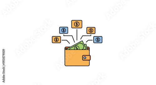 A brown wallet filled with cash is shown with multiple dollar coin icons radiating outwards illustrating diverse income streams and financial returns, Generative AI.