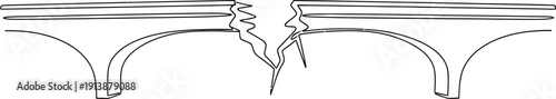 Simple black line art drawing of a broken bridge, depicting a significant structural failure with jagged edges and a chasm below, rendered in a minimalist, continuous stroke style.