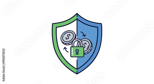 A shield with rotating dollar coins and a central padlock symbolizes financial security asset protection and the safeguarding of investments, Generative AI.