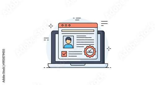 A laptop screen displays an online profile page with a user icon checklist and a verified Check badge symbolizing identity verification, Generative AI.