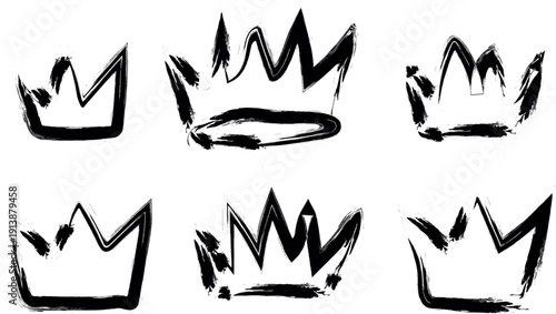 Six hand drawn crown illustrations in black and white