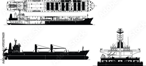 Technical drawings of cargo ship with top, side, front views showing deck layout, internal compartments, and maritime design