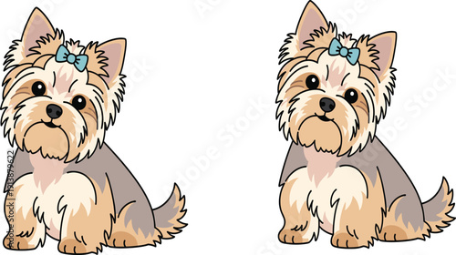Cute Yorkshire Terrier Puppy Cartoon Character Set with Bow Accessory for Pet Design, Adorable Yorkie Flat Vector Illustration Collection