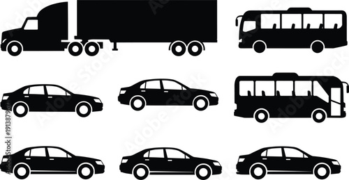 Silhouettes of vehicles including trucks, buses, and cars arranged in grid for transport and automotive design themes