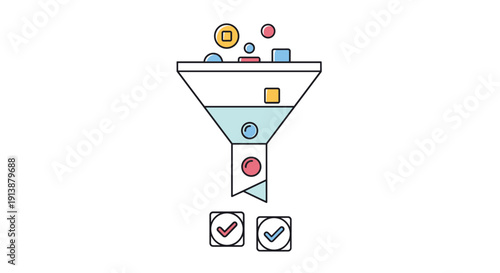 A colorful funnel with various shapes and liquids filtering through to two checkmark icons depicting data processing and selection, Generative AI.