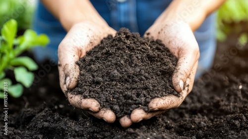 Hands holding rich, dark soil in garden.