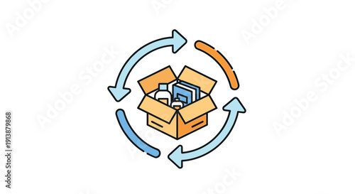 An open box filled with products is surrounded by a cycle of arrows symbolizing a circular economy recycling or product lifecycle, Generative AI.