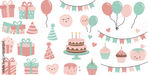 Colorful pastel birthday party decorations and gifts in pink and green hues for celebration and festivities with friends and family
