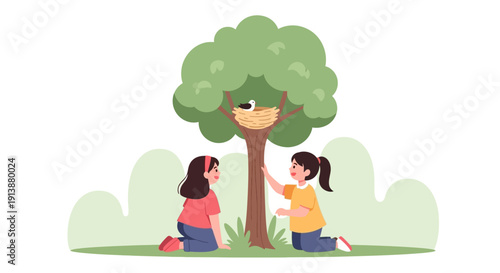 Young Explorers Watching Birds Together in a Quiet Green Park
