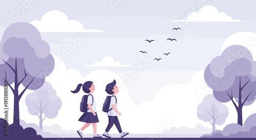 Two Friends Walking Together Through a Quiet Green Forest
