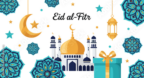 Festive Eid al-Fitr illustration with mosque, lanterns, crescents, stars, floral patterns, and gift motifs in celebratory design