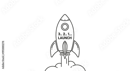 A rocket displaying 3 2 1 LAUNCH on its body is shown blasting off with smoke trails symbolizing new ventures, Generative AI.