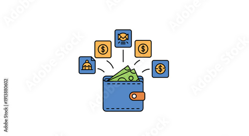 A blue wallet full of cash is surrounded by icons representing various income sources and financial transactions, Generative AI.