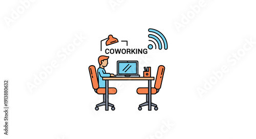 A person works at a desk with a laptop and lamp in a coworking space with a visible WiFi signal, Generative AI.