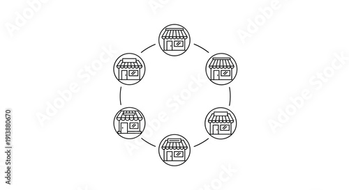 Six outlined store icons are arranged in a circular network representing a franchise or multiple business locations, Generative AI.