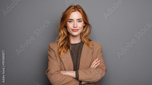 A young woman with red hair standing confidently with her arms crossed