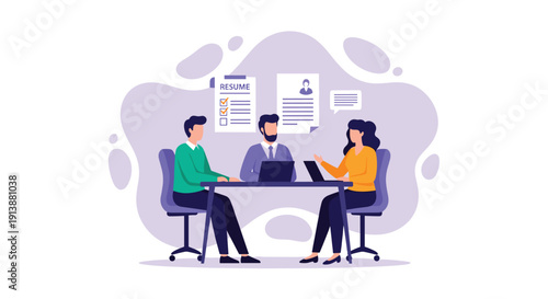 Two interviewers conduct a job interview with a candidate at a table with resumes in an office setting, Generative AI.