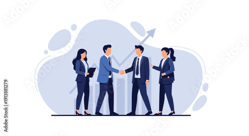 Business professionals finalize an agreement with a handshake showing growth against a backdrop of charts and colleagues, Generative AI.