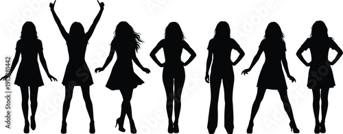 Silhouettes of women in diverse poses and outfits symbolizing fashion, posture, and expressive body language