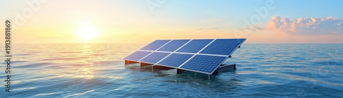 Solar panels floating on calm ocean waters.