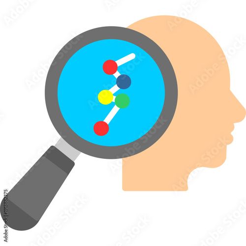 Head silhouette with magnifying glass and nodes Icon