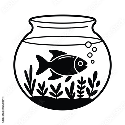Simple black and white illustration of a fish swimming in a bowl