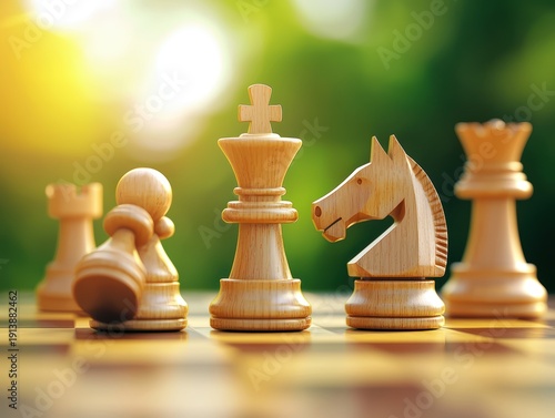 Wooden chess pieces on a board outdoors