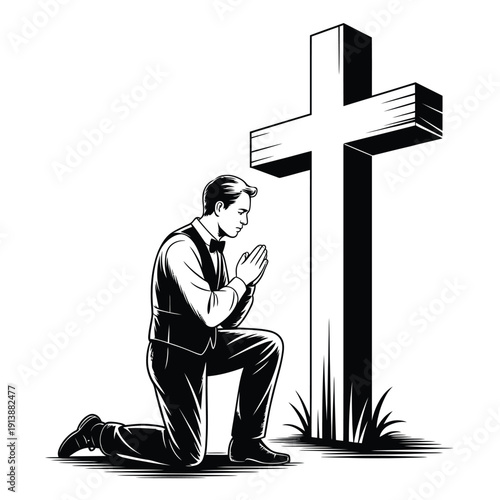 A man kneels in prayer before a large wooden christian cross