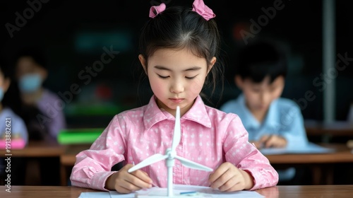 Young girl engages in science project creation.