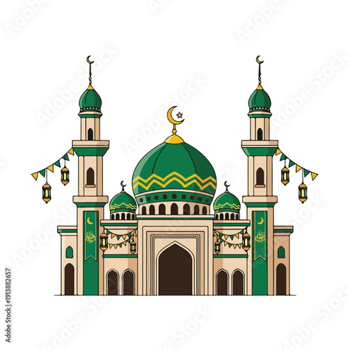 Islamic Mosque Building with Green Domes.