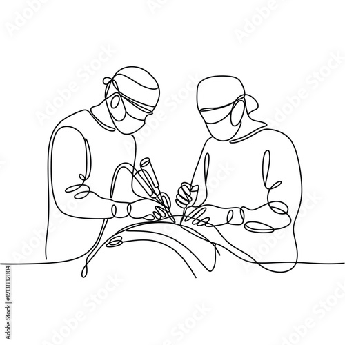 Continuous line drawing of two surgeons performing an operation