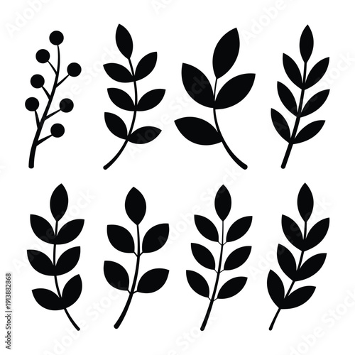 Black silhouettes of various leaf and berry branch designs