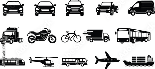 Silhouettes of diverse transportation vehicles including cars, trucks, motorcycles, bicycles, buses, trams, helicopters, airplanes, and ships