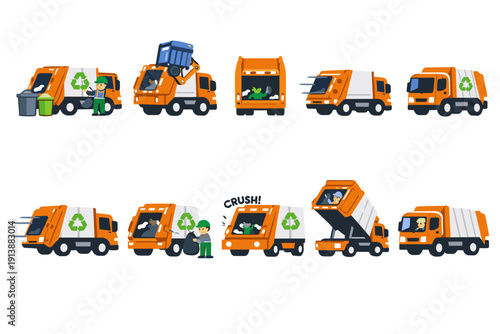 Collection of various garbage trucks in different positions and actions.