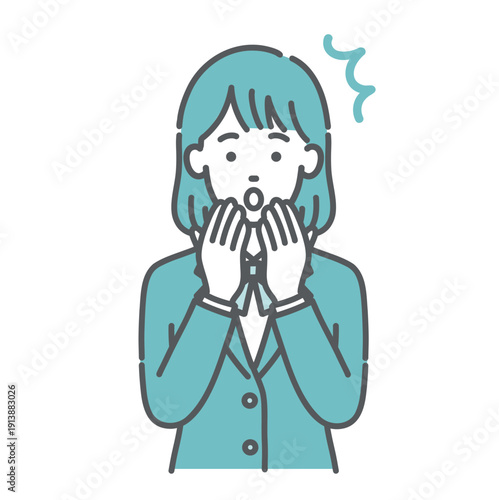 驚く・ショックを受けるティーン女性・女子学生のイラスト（両手を口に当てる・制服・上半身）