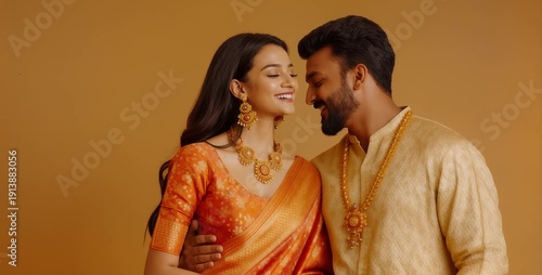 Wallpaper Mural Elegant Indian Couple in Traditional Attire with Gold Jewelry Torontodigital.ca