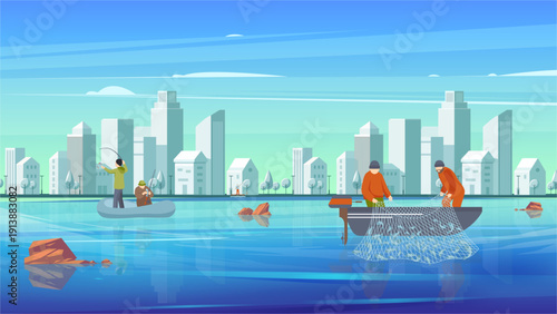Urban Fishing Scene with Fishermen Casting Nets and Rods on City River Waterfront Illustration
