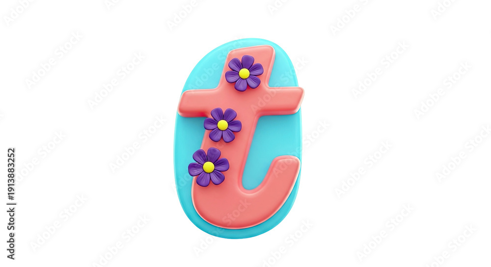 Fototapeta premium 3D Lowercase 't' with Flowers on Blue Oval