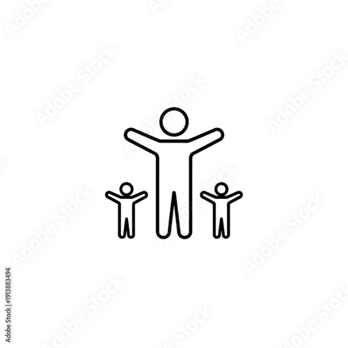 A minimalist black and white vector image featuring an adult figure with two smaller child figures, all with raised arms, symbolizing youth mentorship, family support, and community empowerment