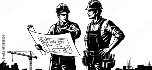 Skilled engineers discussing architectural blueprint at construction site, professional industrial builders wearing hard hats planning urban project vector illustration on white background,