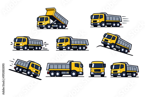 A group of yellow dump trucks.