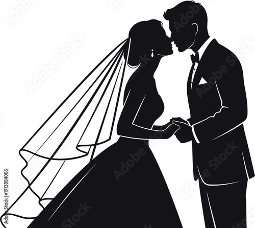 Silhouette of beautiful bride and groom kissing at wedding ceremony, romantic newlywed couple holding hands in elegant formal attire vector illustration,