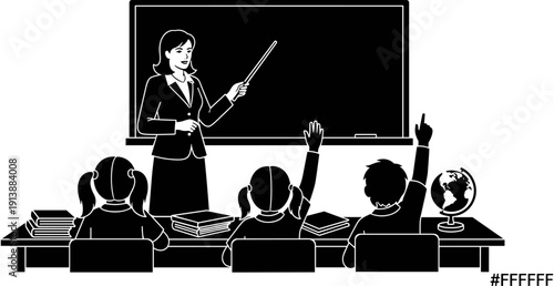 Female teacher pointing at blackboard in classroom with students, elementary education lesson with pupils raising hands vector illustration on white background,
