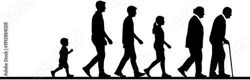 Silhouette showing human life cycle from childhood to old age, aging process of man and woman walking vector illustration on white background,