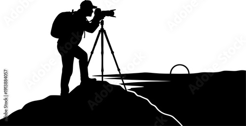 Silhouette of photographer taking photos on mountain peak at sunset, professional travel photography with tripod and camera vector illustration on white background,