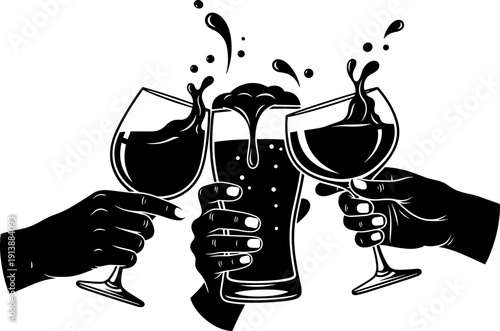 Hands holding wine glasses and beer mug in celebratory toast, splashing drinks with joy at party event vector illustration on white background,